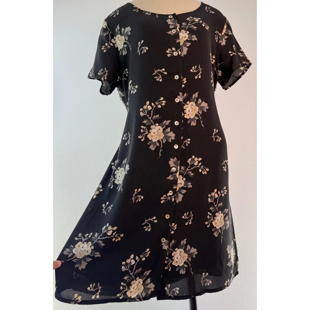 Vintage 90s Valerie Stevens Pure Silk Black Floral Mini Dress Button Front 8 - Picture 1 of 8
